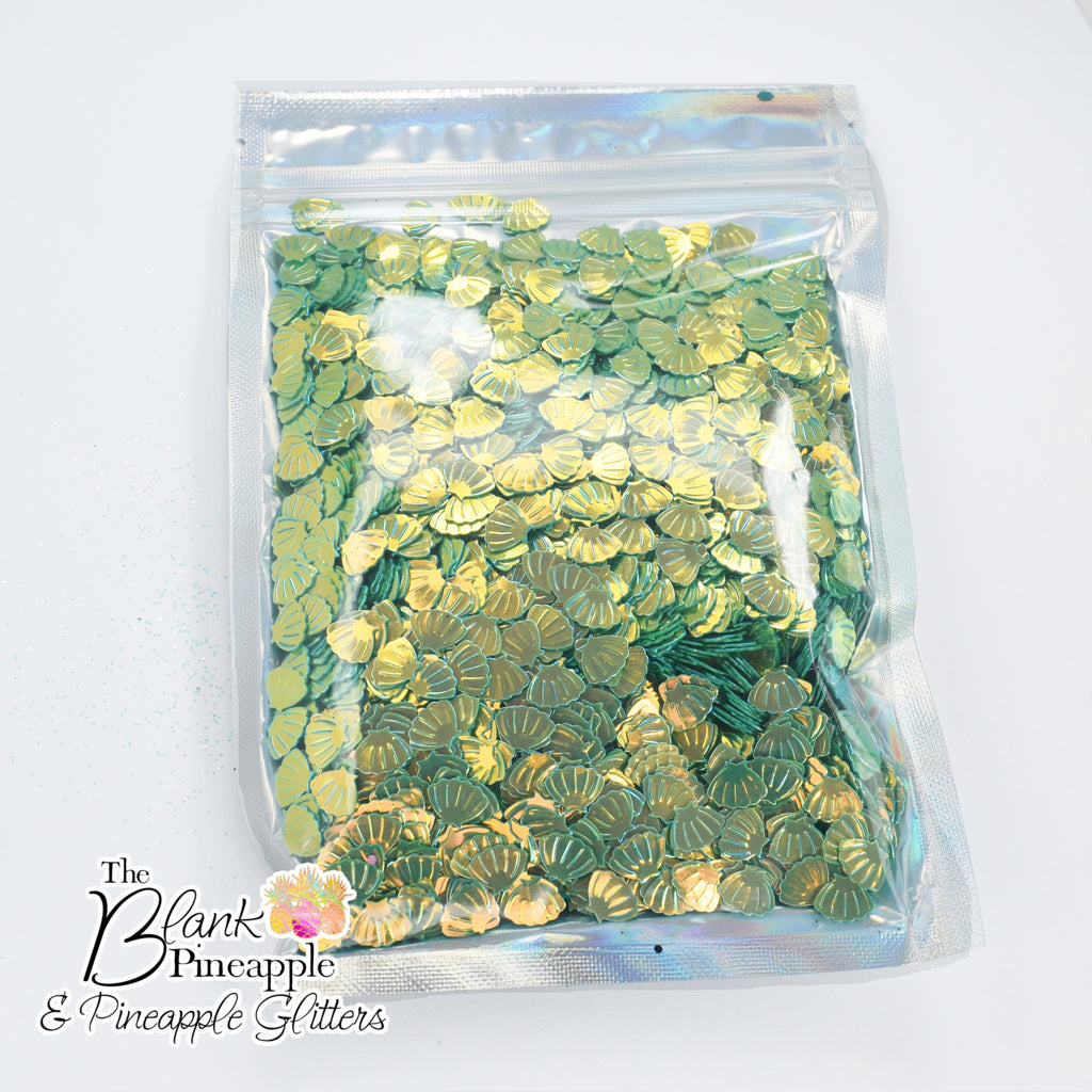 Seashell Glitter, Golden Green Mermaid Seashells 2oz Bag PVC Shells