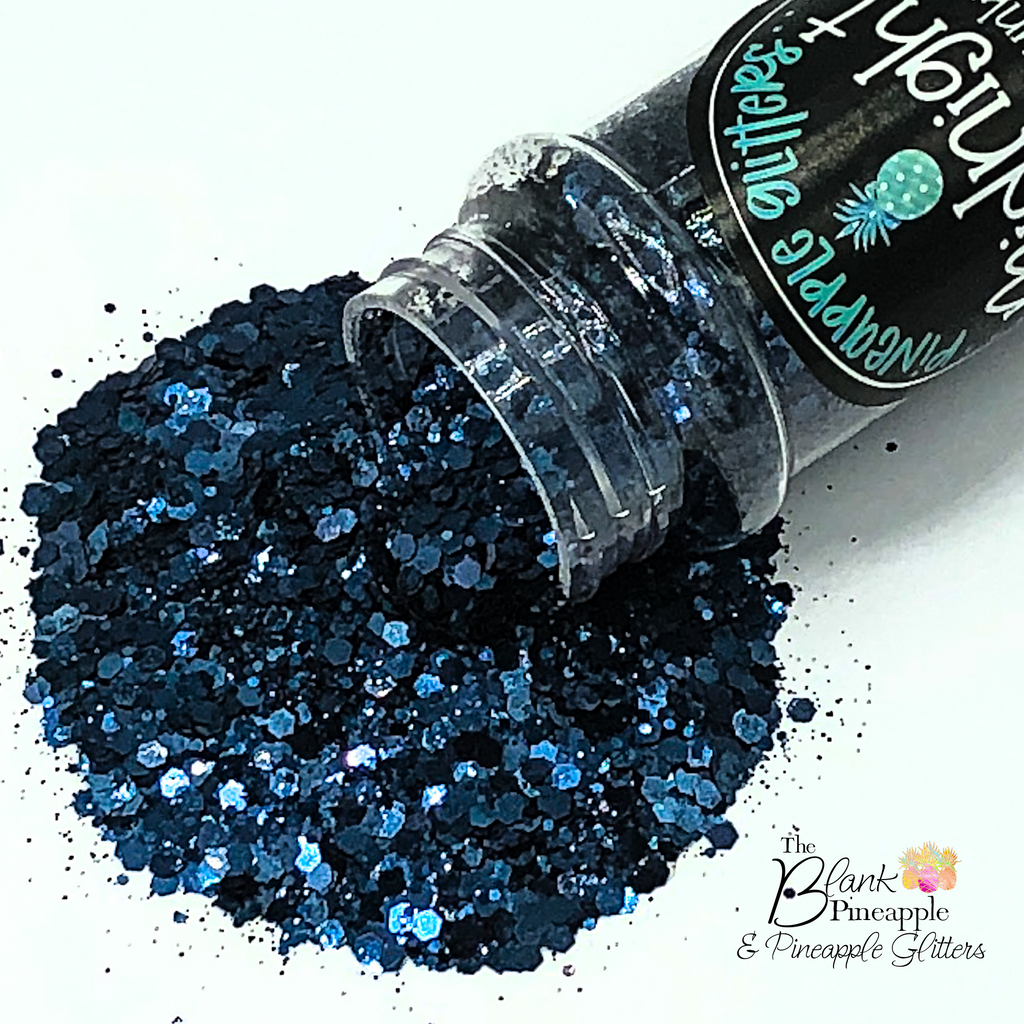 Midnight chunky mix metallic navy blue glitter, PET polyester, 2oz shaker bottle for resin projects, tumblers, and nail art. The Blank Pineapple