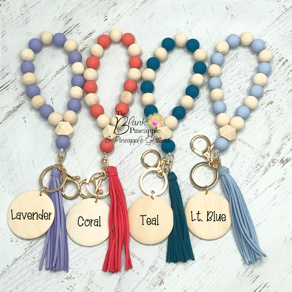 Natural Wood and Colored Silicone Bead Monogram Bracelet Key Ring