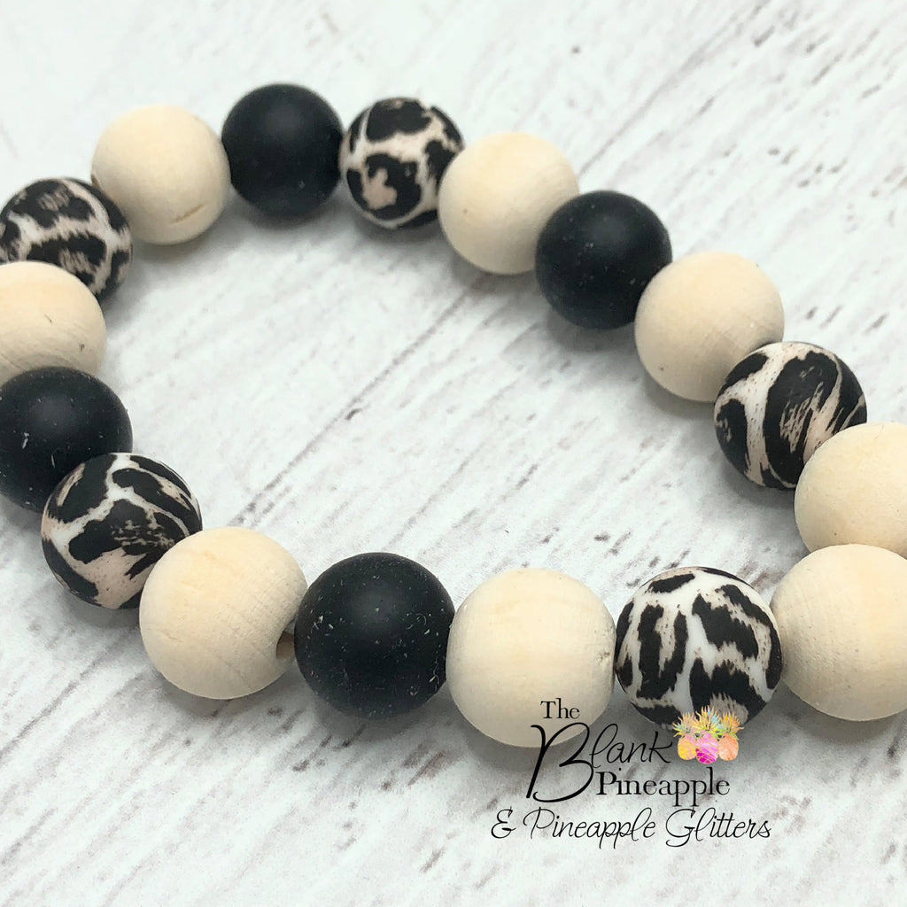 Natural Wood and Silicone Leopard Bead Monogram Bracelet Key Ring