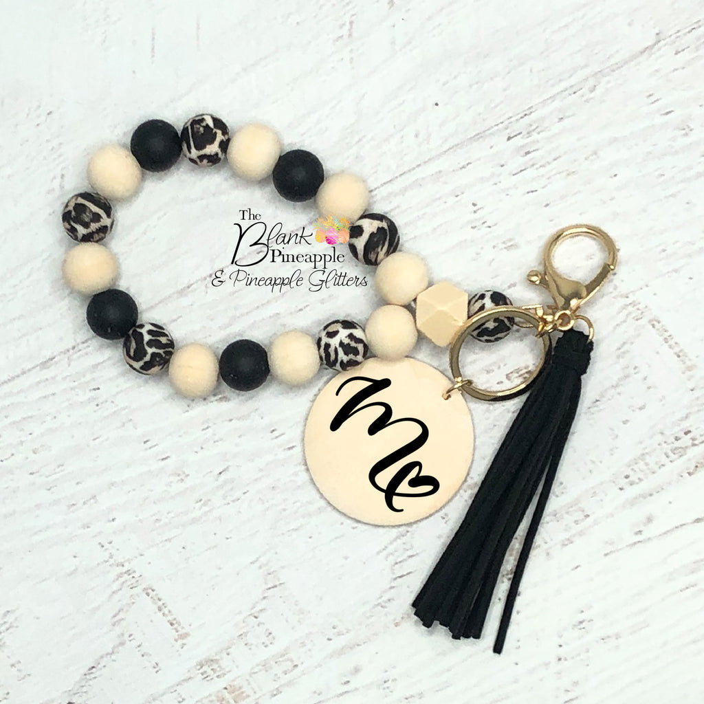 Natural Wood and Silicone Leopard Bead Monogram Bracelet Key Ring
