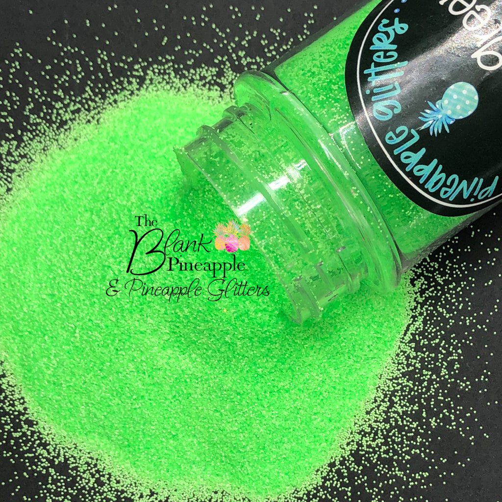 Neon Green fine cut matte glitter, PET polyester, 2oz shaker bottle for resin projects, tumblers, and nail art. The Blank Pineapple