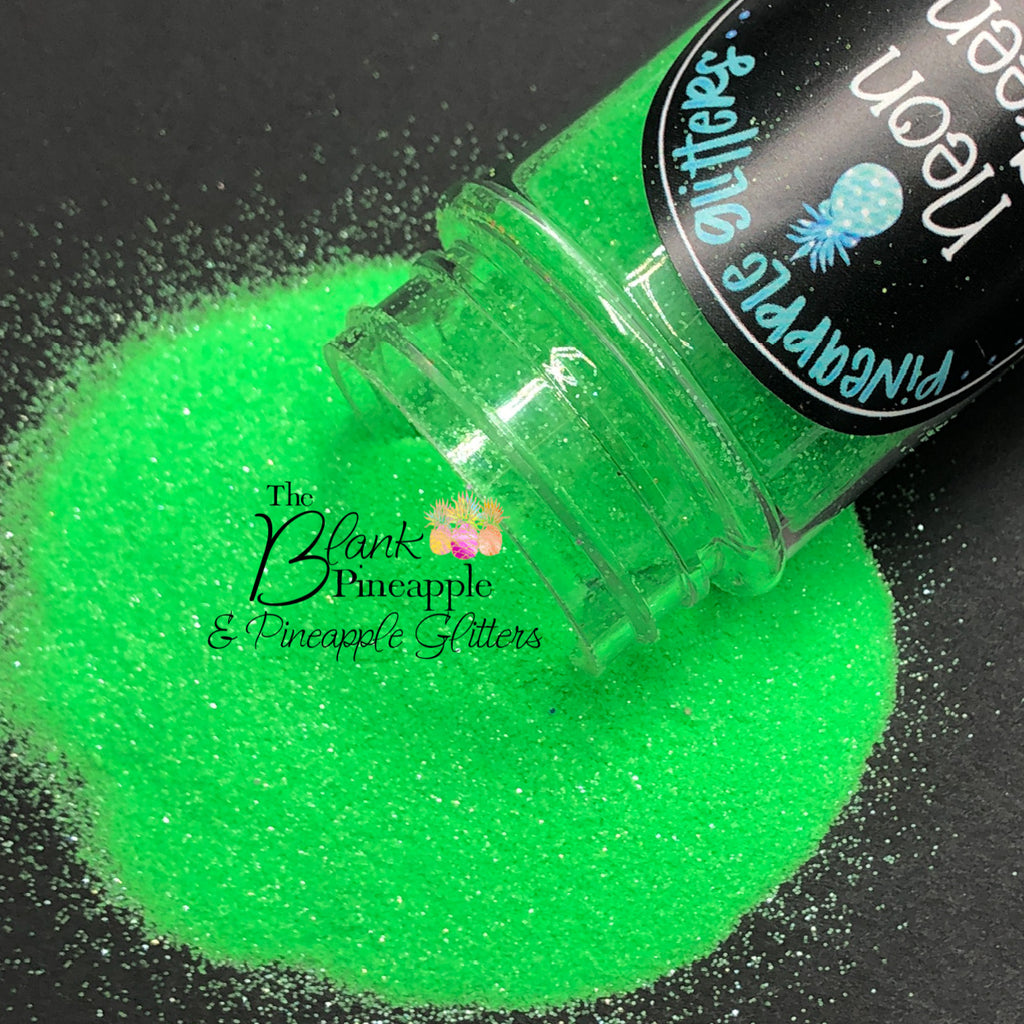 Neon Green fluorescent ultra fine cut glitter, PET polyester, 2oz shaker bottle for resin projects, tumblers, and UV-reactive crafts. The Blank Pineapple