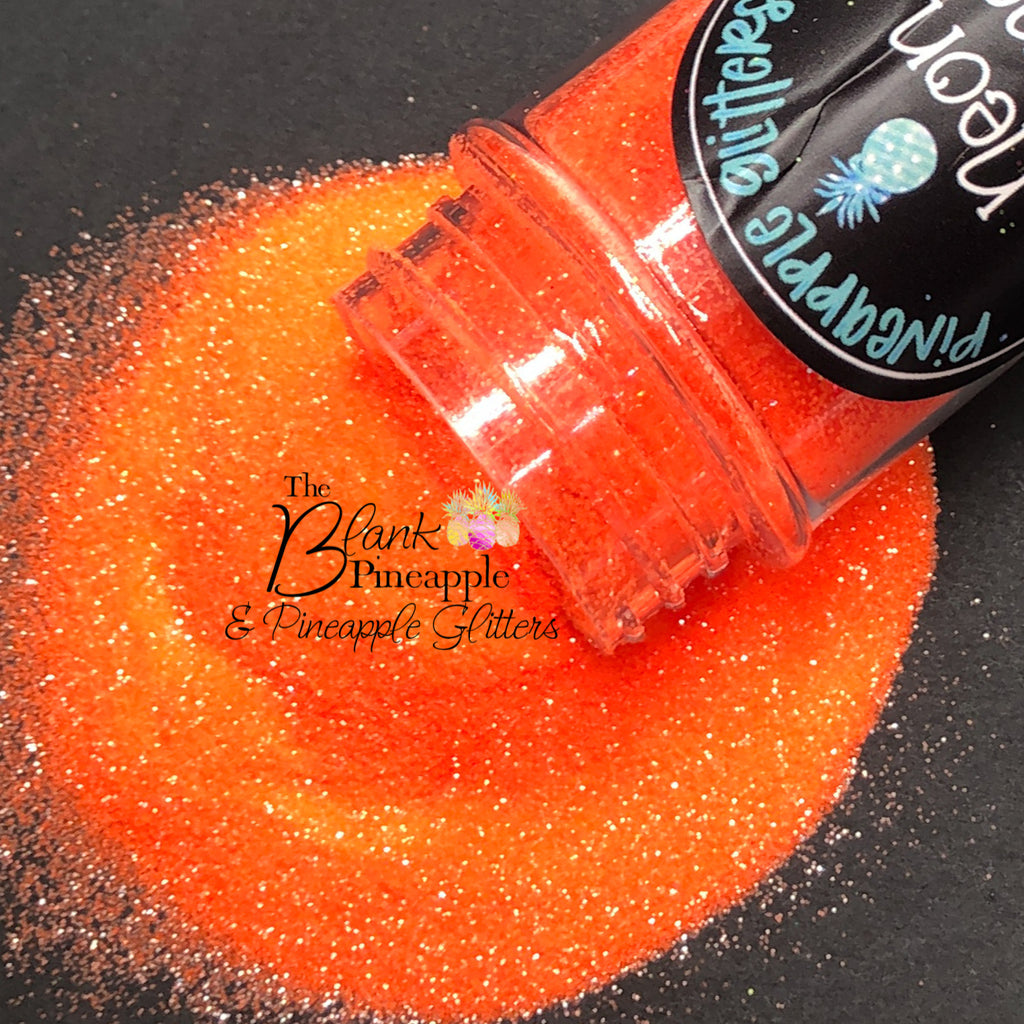 Neon Orange fluorescent ultra fine cut glitter, PET polyester, 2oz shaker bottle for resin projects, tumblers, and UV-reactive crafts. The Blank Pineapple