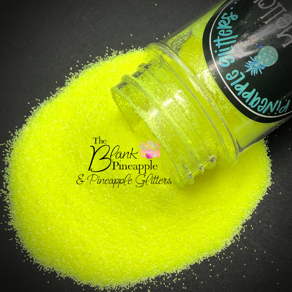 Neon Yellow fine cut matte glitter, PET polyester, 2oz shaker bottle for resin projects, tumblers, and nail art. The Blank Pineapple