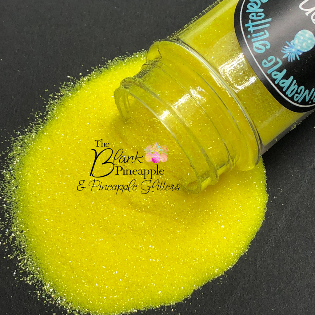 Neon Yellow fluorescent ultra fine cut glitter, PET polyester, 2oz shaker bottle for resin projects, tumblers, and UV-reactive crafts. The Blank Pineapple