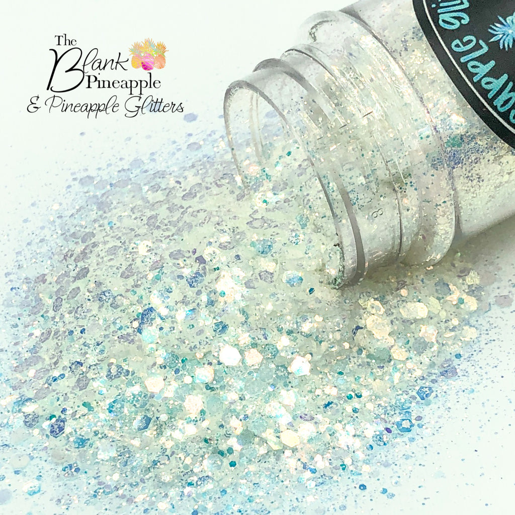 Ocean Ice chunky mix high sparkling opal iridescent glitter, opal white with blue undertones, 2oz shaker bottle for resin art, tumblers, and nail designs. The Blank Pineapple.