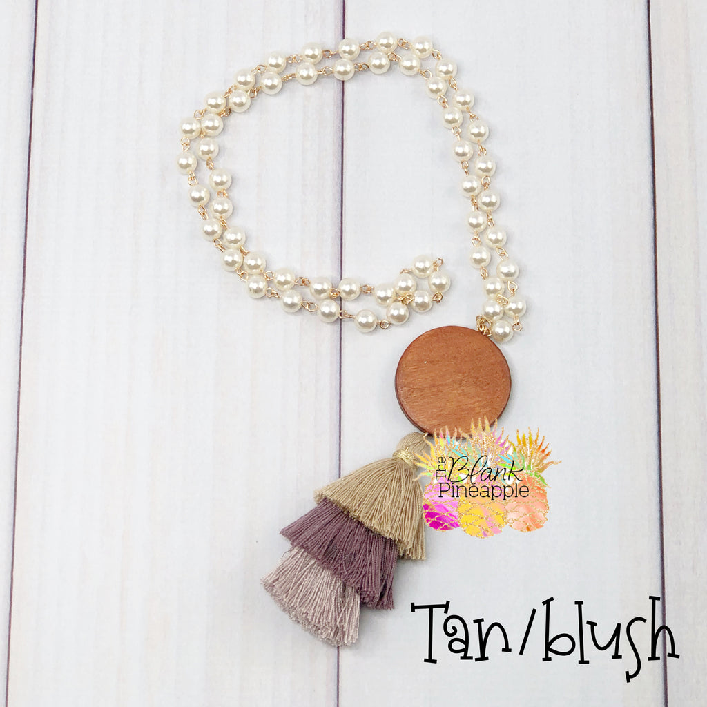 Ombre Tassel Rosary Pearl Necklace with Wood Disc