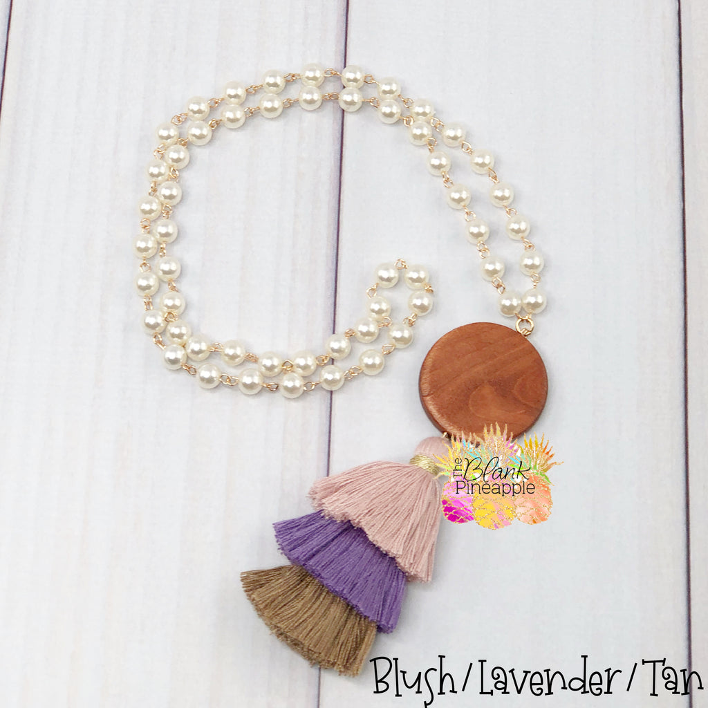 Ombre Tassel Rosary Pearl Necklace with Wood Disc