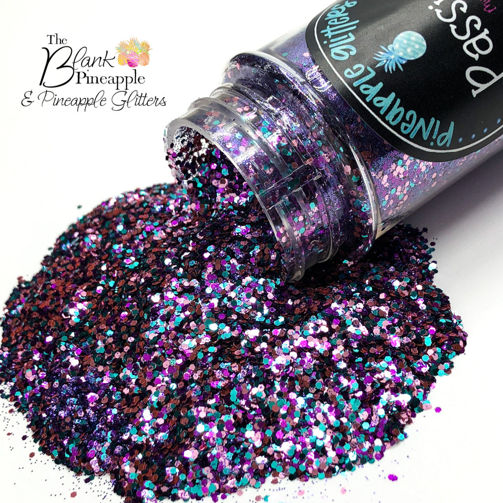 Passion Mixed Glitter 2oz. Shaker Bottle – Purple, Blue, and Green Glitter Mix. The Blank Pineapple.