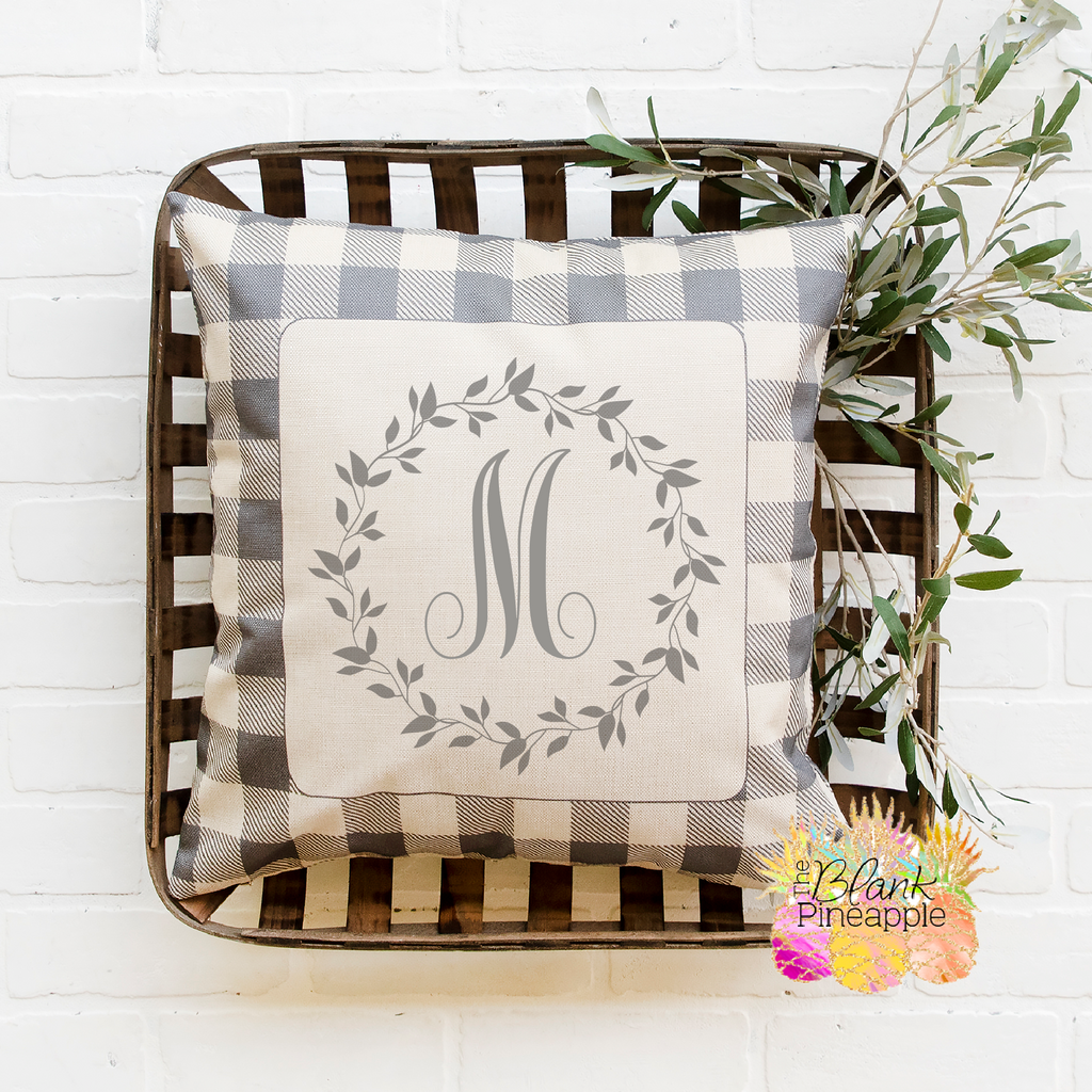Blank Sublimation Pillow Covers 18x18 Polyester Linen with Grey Buffalo Plaid Border - The Blank Pineapple 