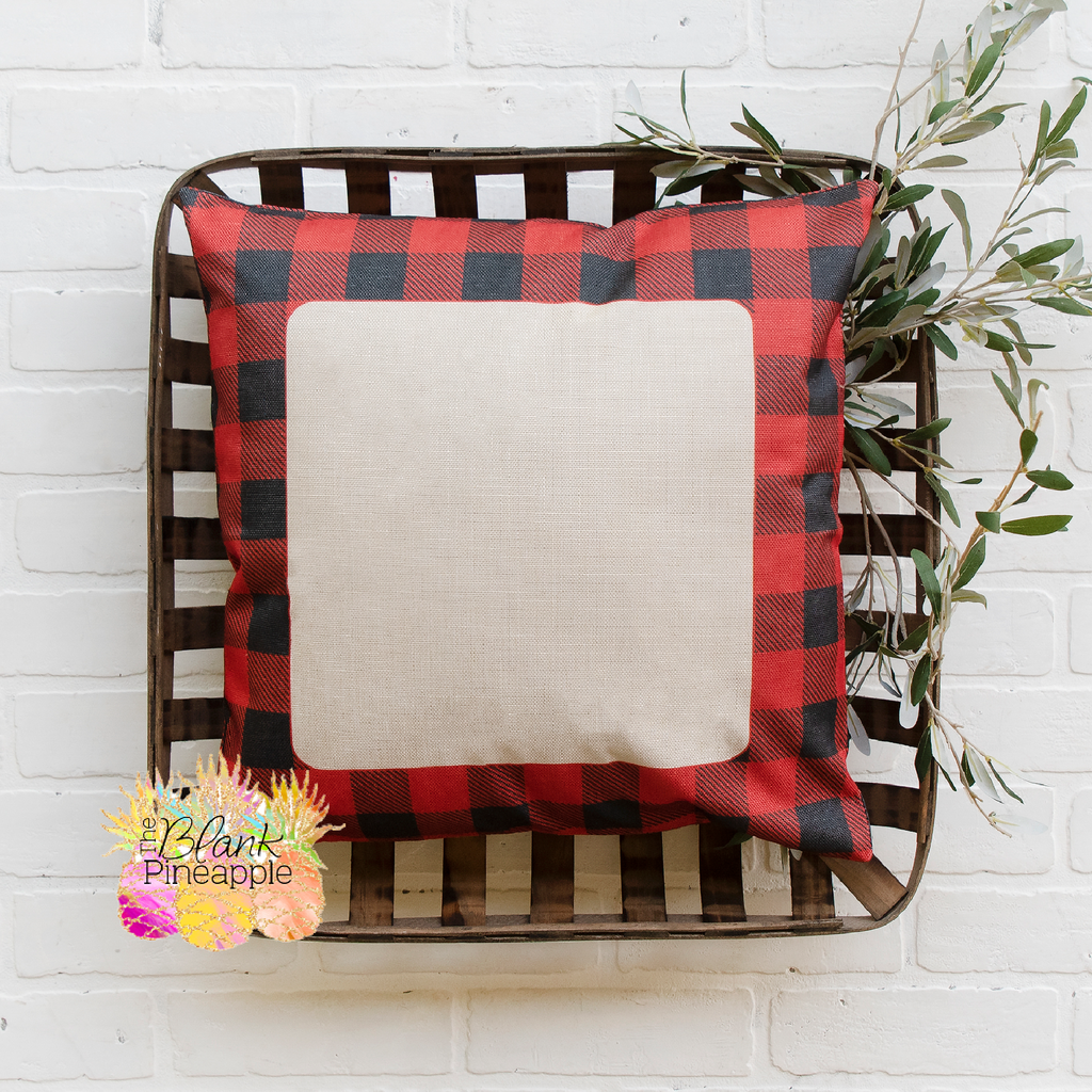 Blank Sublimation Pillow Covers 18x18 Polyester Linen with Red and Black Buffalo Plaid Border - The Blank Pineapple 