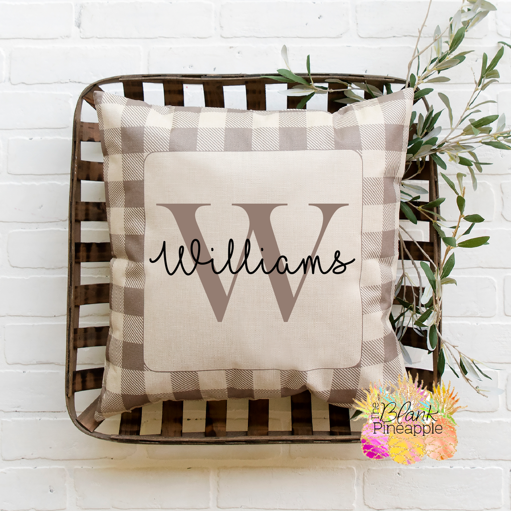 Blank Sublimation Pillow Covers 18x18 Polyester Linen with Taupe Buffalo Plaid Border - The Blank Pineapple 