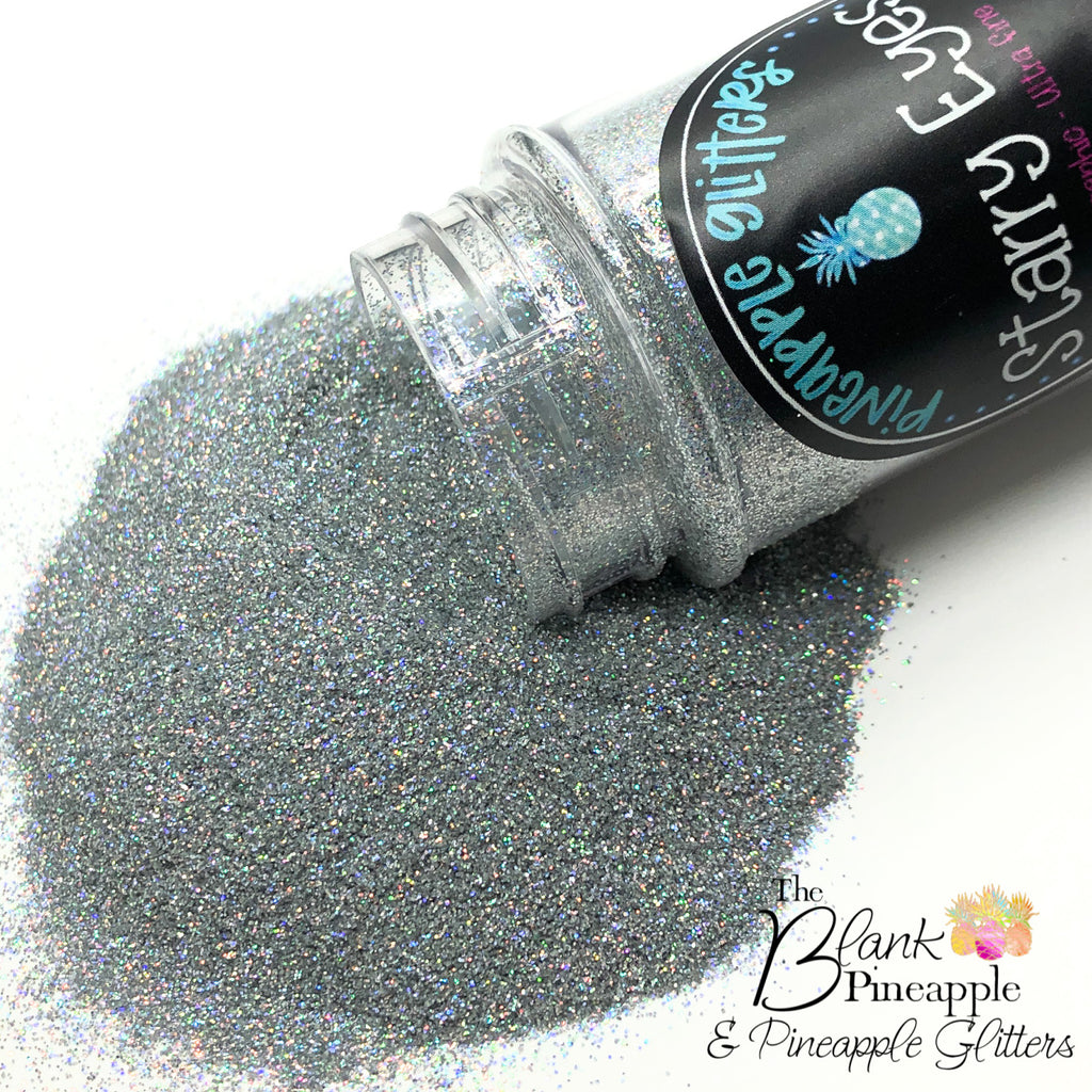 Starry Eyes silver ultra fine cut holographic glitter, PET polyester, 2oz shaker bottle for resin projects, crafts, and nail art. The Blank Pineapple