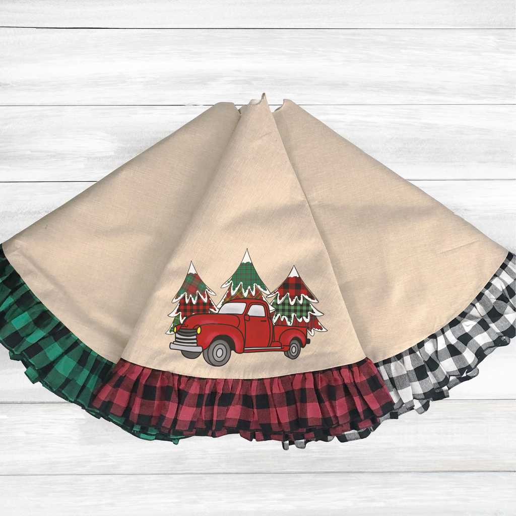 Polyester Linen Christmas Tree Skirt with Buffalo Plaid Ruffle. Blank Tree skirt for sublimation, DTF, DTG, Embroidery, and HTV. - The Blank Pineapple