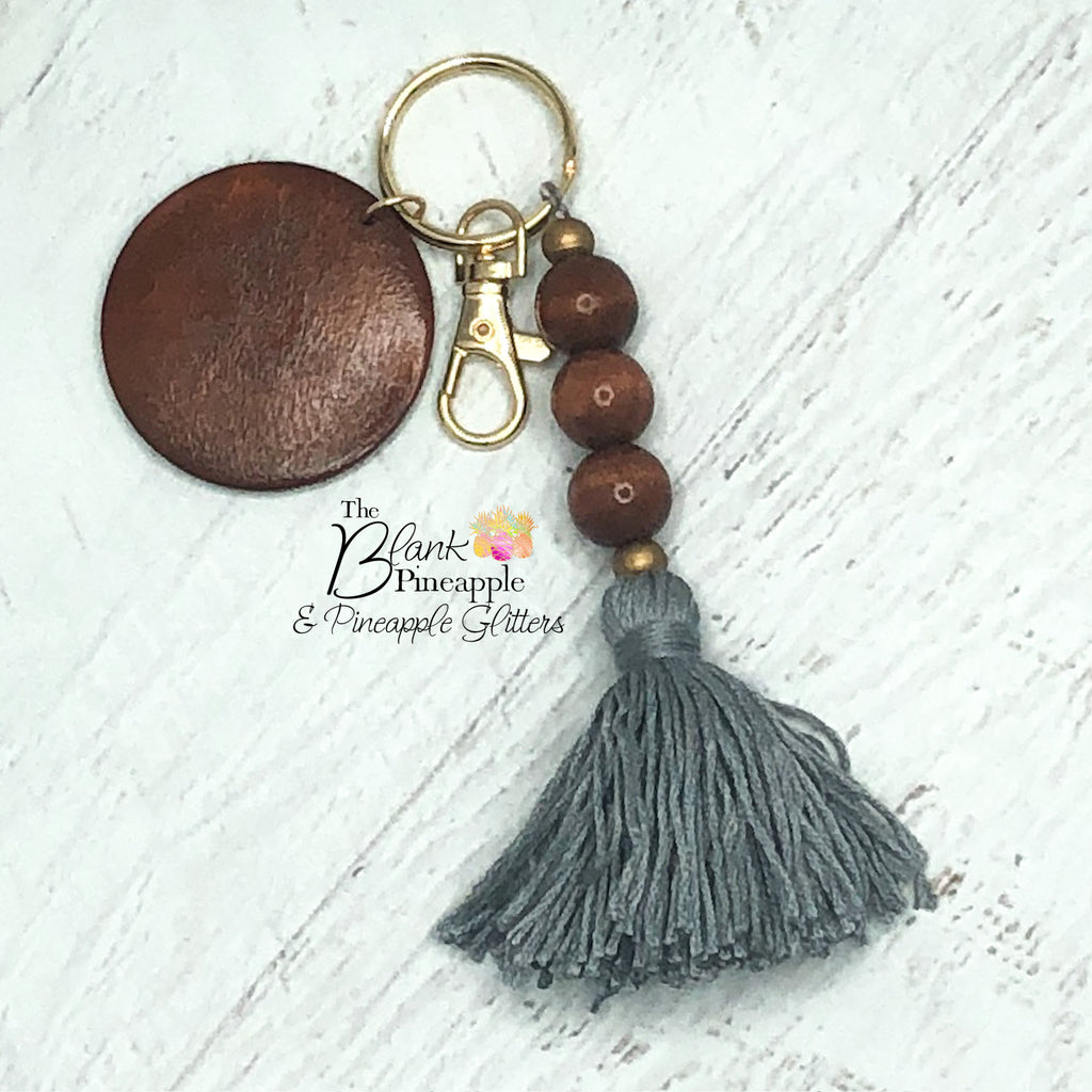 Wooden Bead Tassel Key Ring with Wood Disc for Monogramming