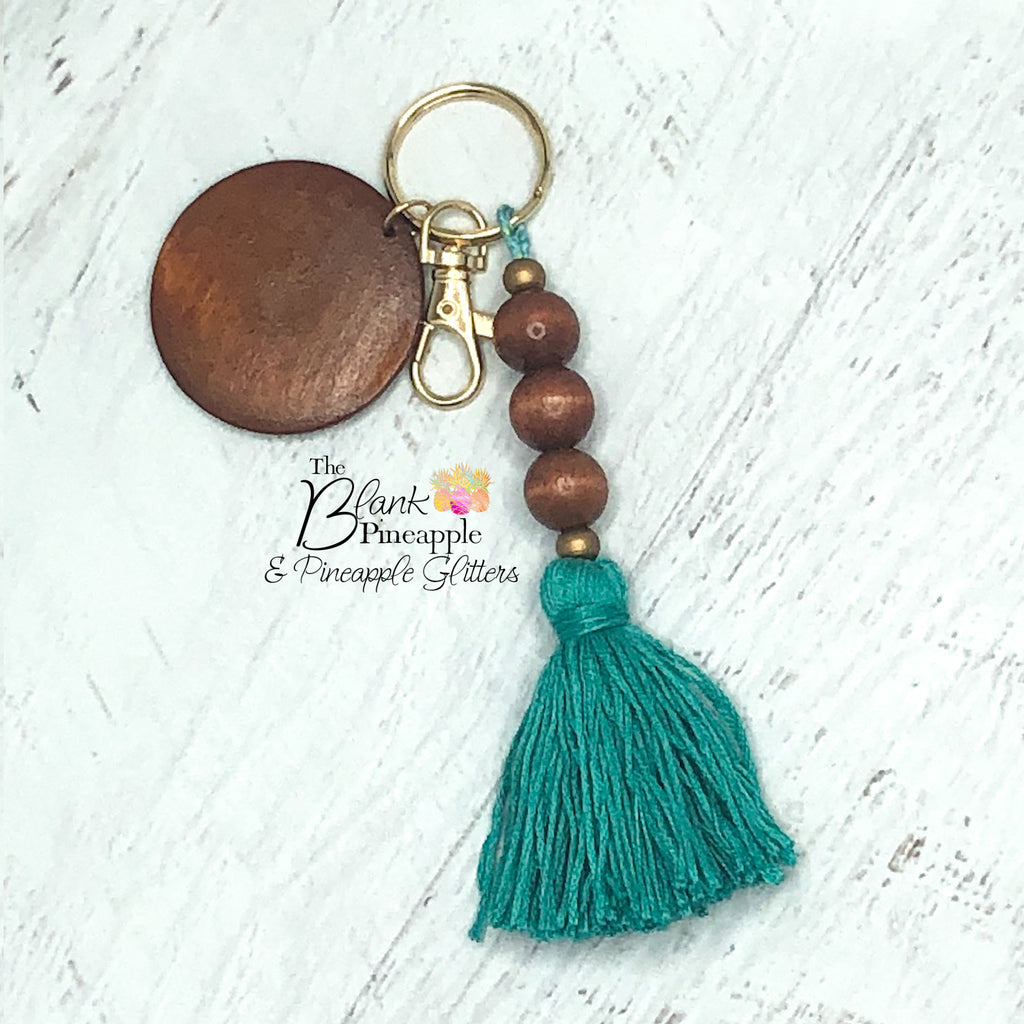 Wooden Bead Tassel Key Ring with Wood Disc for Monogramming