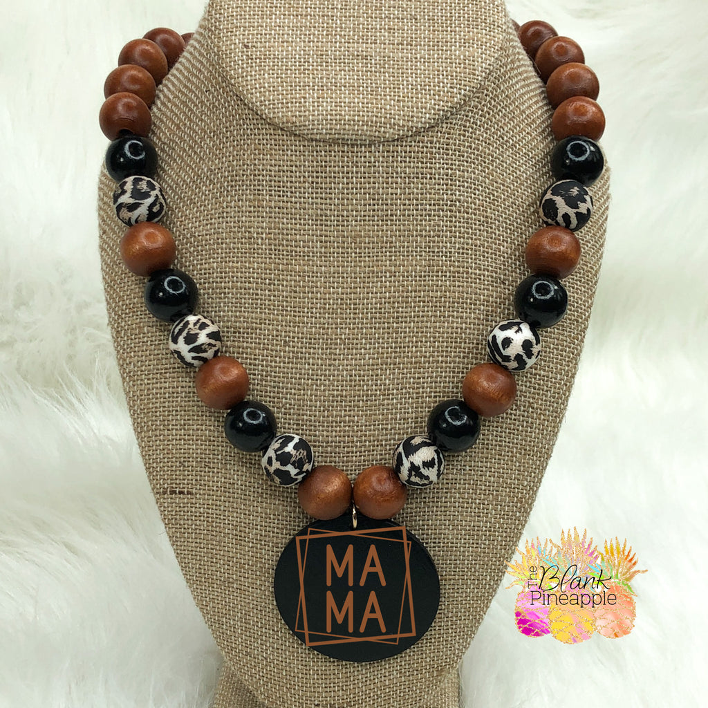 Large Wooden Bead Necklace with Leopard Silicone Bead and 2” wood disc