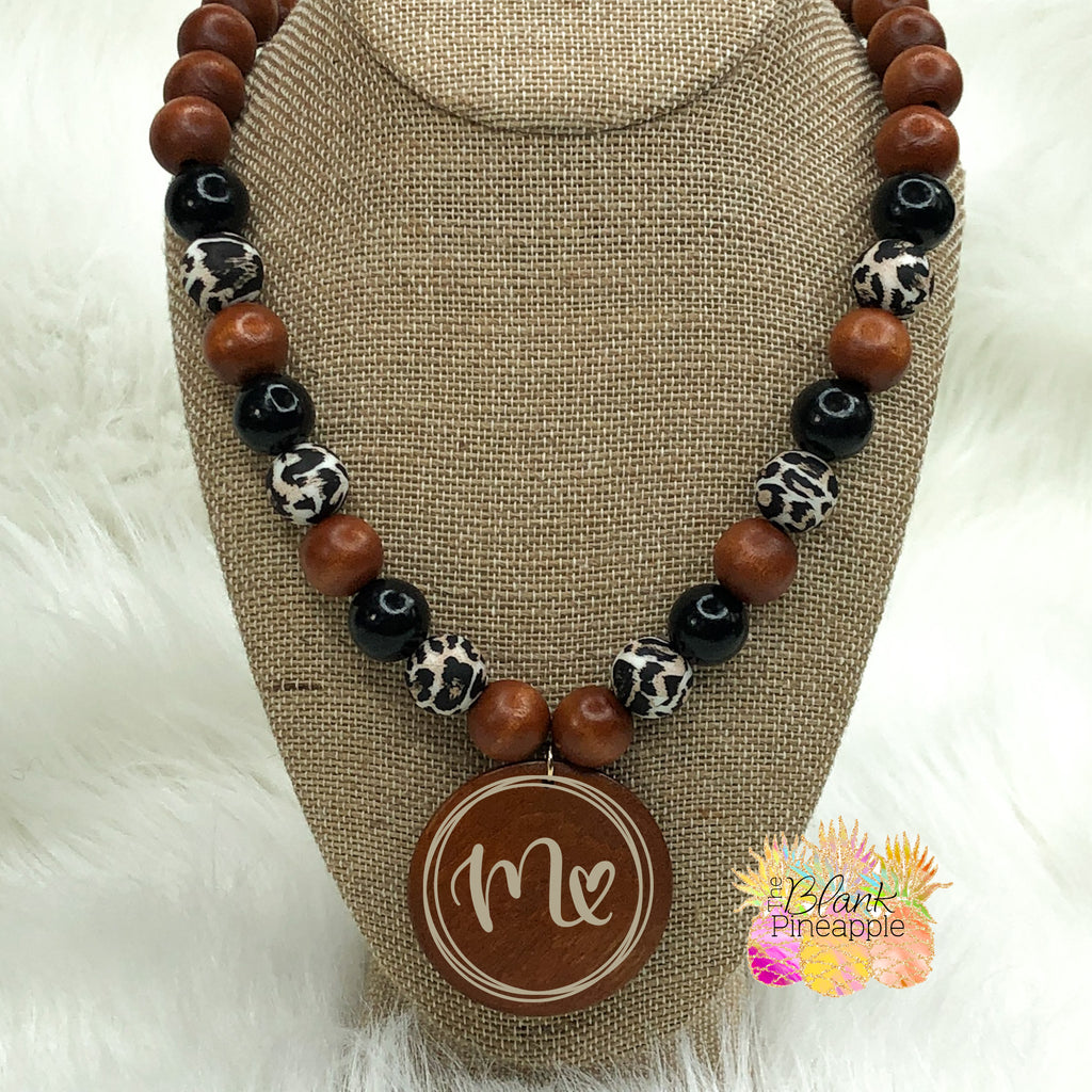 Large Wooden Bead Necklace with Leopard Silicone Bead and 2” wood disc
