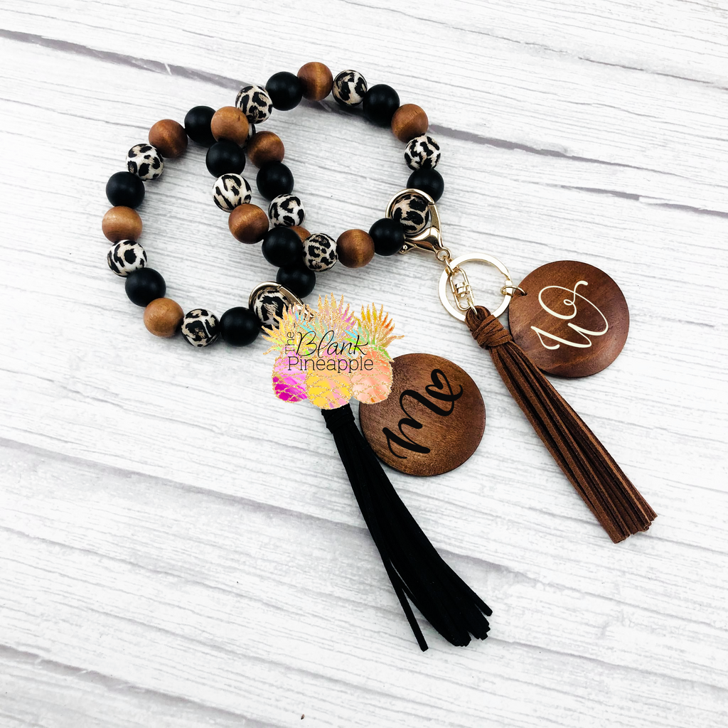 Wood and Leopard Silicone Bead Bracelet Key Ring
