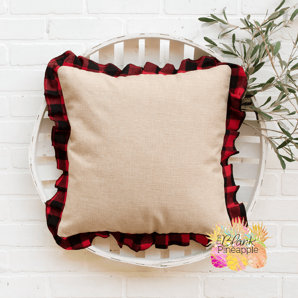 Blank Sublimation Pillow Covers 18x18 Polyester Linen with Red Buffalo Plaid Ruffle - The Blank Pineapple