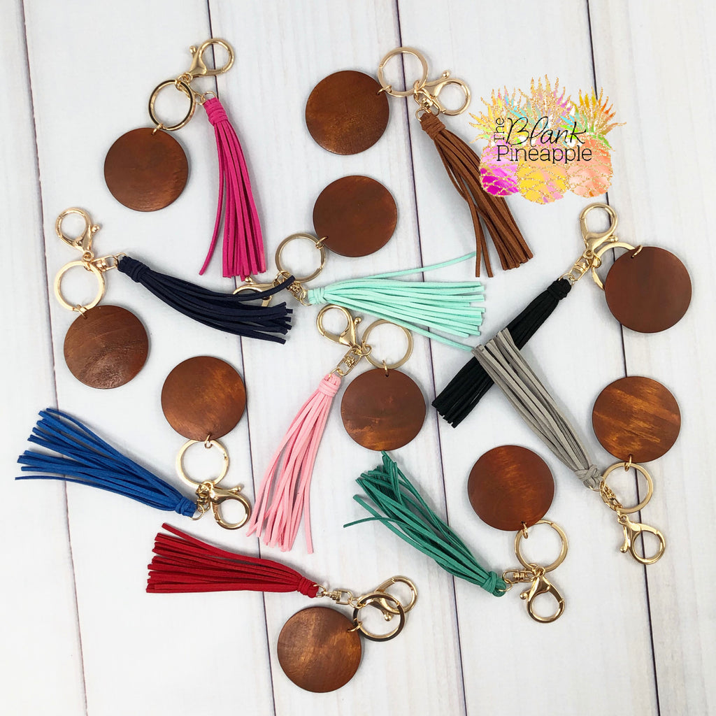 Wood Disc Key Ring with 4" Suede Tassel